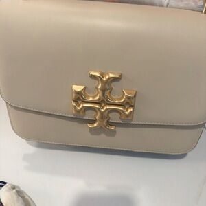 Tory Burch Cream Shoulder Bag with Gold Logo Hardware